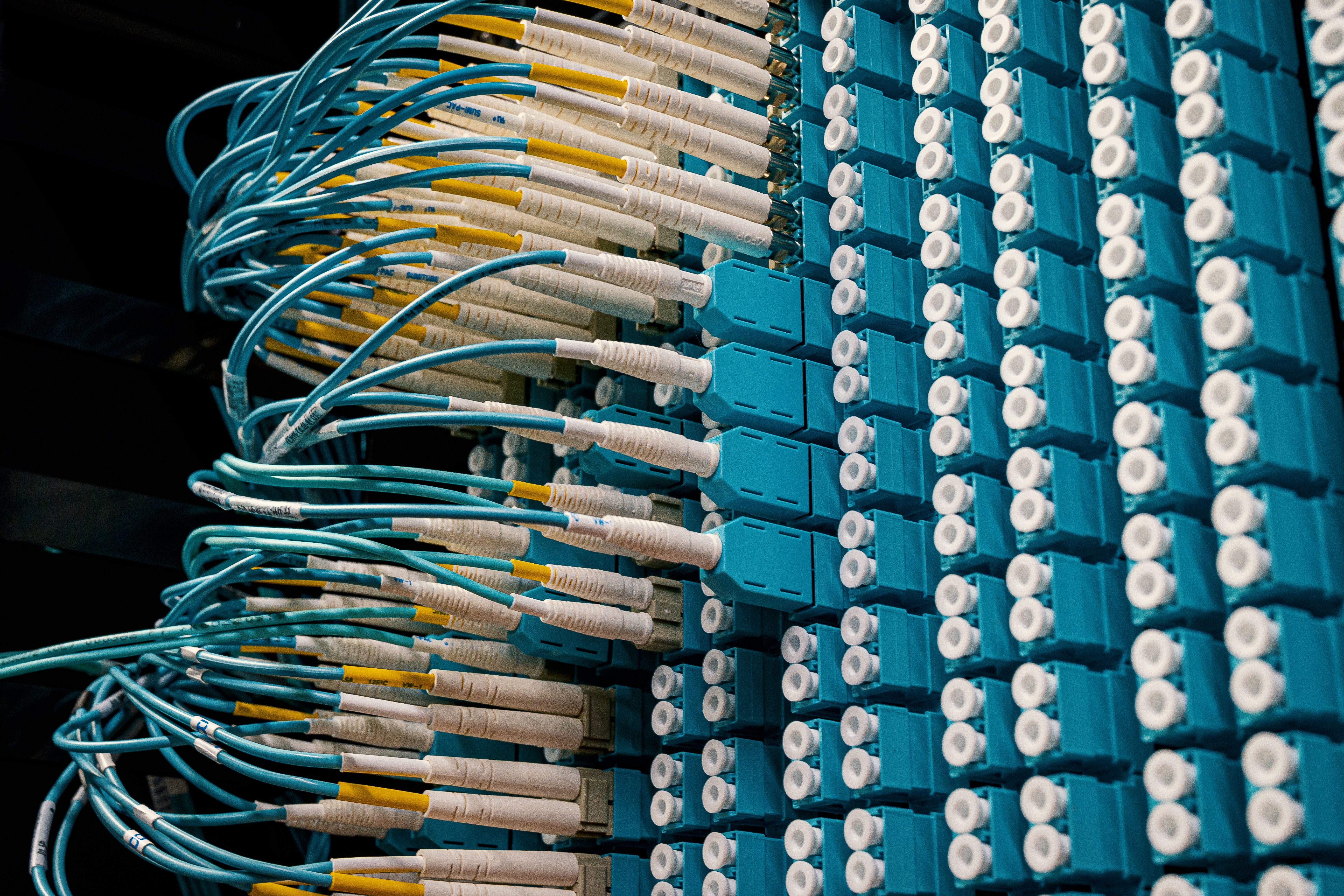 Fiber optic patch cables connecting servers in a data center